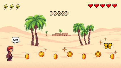 Poster - Pixel art game desert level with a boy, palm trees, coins, and health bar. Retro 8-bit adventure game concept.