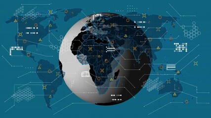 Aufkleber - On first frame 3D globe appearing rotating eastward drawing neon borders showing global data links