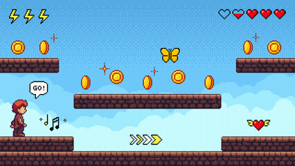 Poster - Pixel art game level with a boy character on brick platforms. Retro vintage arcade video game screen interface.