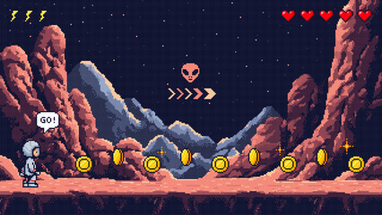 Poster - Pixel art game level with a male astronaut collecting coins on a red alien planet. Retro video game concept.