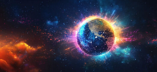 Poster - Vibrant Digital Earth Surrounded by Cosmic Energy and Connections.