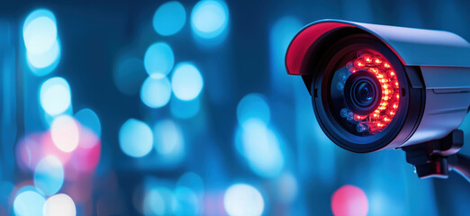 Poster - Surveillance camera with red LED lights against a blurred blue bokeh background.