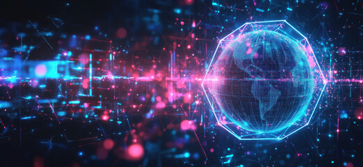 Poster - Digital globe with glowing connections and data streams in futuristic technology concept.