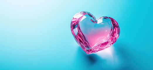 Poster - Pink crystal heart sculpture on blue background with soft lighting effects.