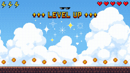 Poster - Pixel art game level with a bright blue sky and clouds. Retro video game background with pixelated coins and level up text.