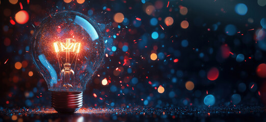 Poster - Glowing light bulb with vibrant bokeh background and sparkling particles.