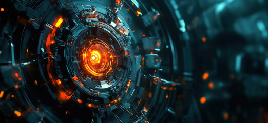 Poster - Futuristic abstract technology design with glowing orange core and intricate details.