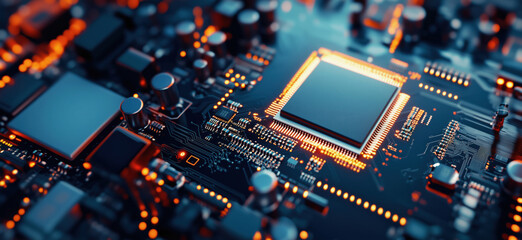 Poster - Close-up of a modern microprocessor on a circuit board with glowing components.