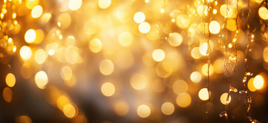 Poster - Golden bokeh background with shimmering lights and water droplets for festive themes.
