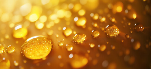 Poster - Close-up of sparkling golden water droplets on a textured surface with warm lighting.