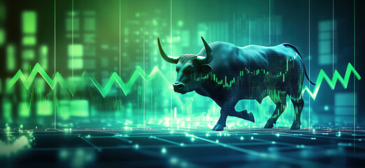 Poster - Bull market symbol with financial data visualization and stock market trends.