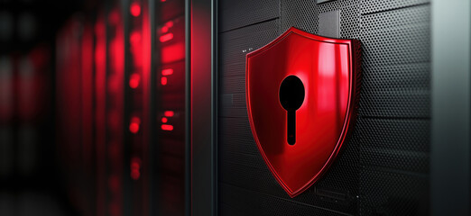 Poster - Red shield symbolizing cybersecurity protection in a data center environment.