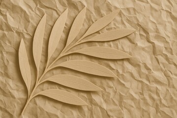 Poster - Beige monochrome aesthetic leaf branch on crumpled paper background creating a minimalist and natural concept for designs related to ecology, nature, and simplicity