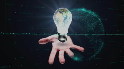 Poster - Hand rising holding bulb Earth globe forming and fading over green waveform illustrating data