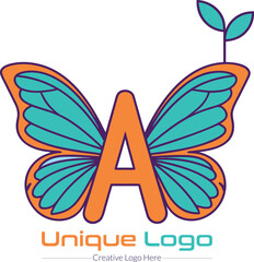 Aufkleber - Creative letter a logo design with butterfly wings and green leaves isolated on transparent background