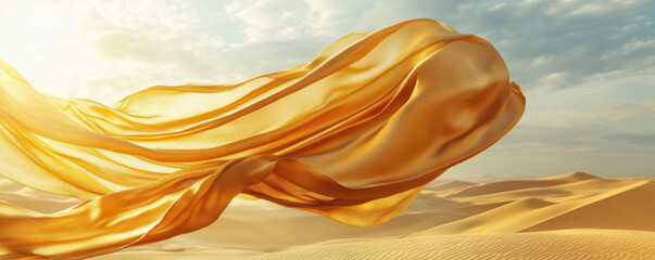 Poster - Flowing golden fabric in desert landscape under bright sunlight.