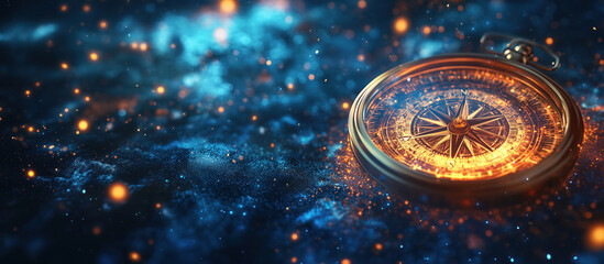 Poster - Compass on cosmic background with glowing stars and vibrant colors.