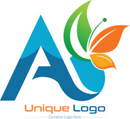 Aufkleber - Abstract letter a logo with butterfly wings made of leaves in green and orange colors symbolizing growth and transformation isolated on transparent background