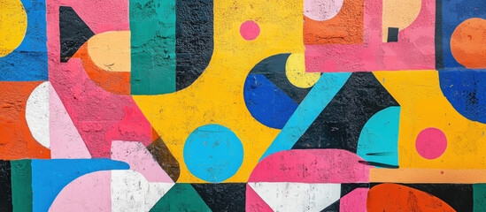 Poster - Colorful abstract mural featuring geometric shapes and vibrant colors on a wall.
