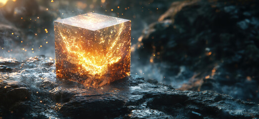Poster - Glowing crystal cube emitting sparks on rocky surface in mystical environment.