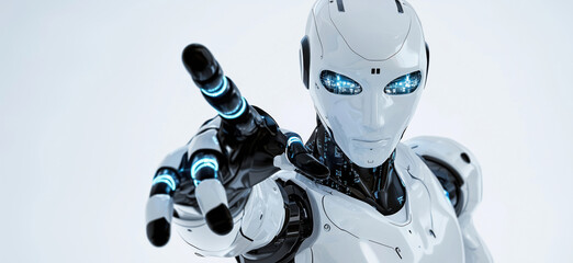Poster - Futuristic humanoid robot with glowing blue accents pointing forward.