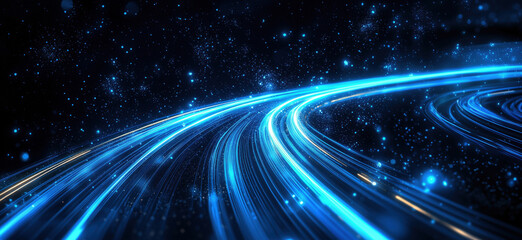 Poster - Futuristic glowing blue light trails in dark space with sparkling particles.