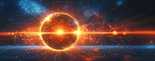 Poster - Glowing energy sphere with radiant light effects and cosmic background.