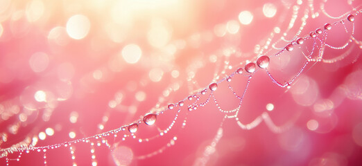 Poster - Delicate dew drops on spider web with soft pink bokeh background.