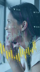 Poster - Animation of changing numbers, woman looking through window and talking on cellphone