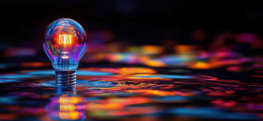 Poster - Colorful light bulb reflecting in water with vibrant patterns and textures.