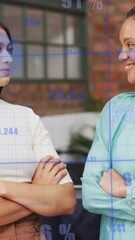 Poster - Diverse female coworkers smile as animated graphs show growth in a digital composite.