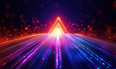 Poster - Vibrant abstract light trails converging towards glowing triangle in dark background.