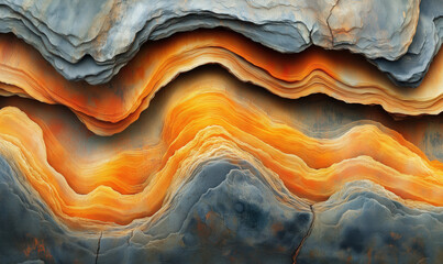 Poster - Abstract geological formation with vibrant orange and gray layered textures.