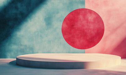 Poster - Minimalist stage design with circular element and colorful background for presentations.