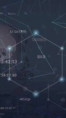 Poster - Animation of changing numbers around globe and connected dots hexagons over abstract background