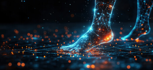 Poster - Digital representation of human feet with glowing network connections and particles.
