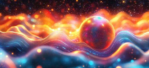 Poster - Colorful abstract waves with glowing sphere in vibrant digital landscape.
