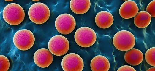 Poster - Colorful microscopic view of bacteria with pink and orange spherical shapes.