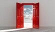 © Popu - Red Double Doors Opening to the Right on White Background, Symbol of New Beginnings and Life Opportunities