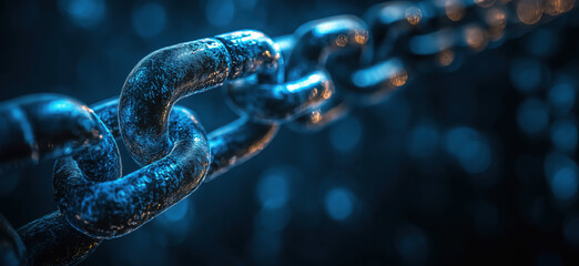 Poster - Close-up of metallic chain links with blue bokeh background and detailed texture.
