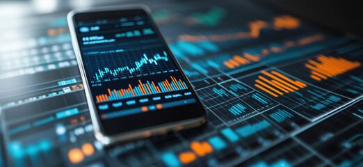 Poster - Mobile phone displaying financial data and stock market trends on digital screen.