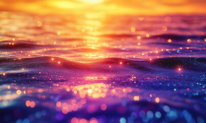 Poster - Stunning sunset over shimmering ocean waves with vibrant colors and bokeh effects.