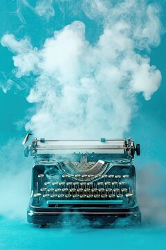 Vintage typewriter with plumes of white smoke against a teal backdrop