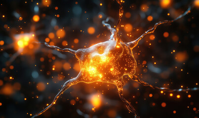Poster - Glowing Neuron Cell with Bright Orange Particles in Abstract Background.