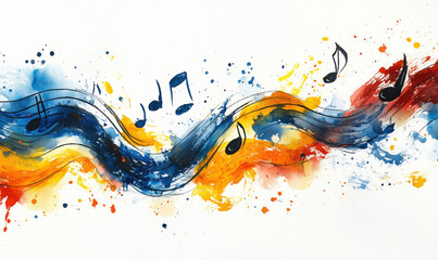 Poster - Colorful abstract music notes flowing in vibrant waves of blue, orange, and red.
