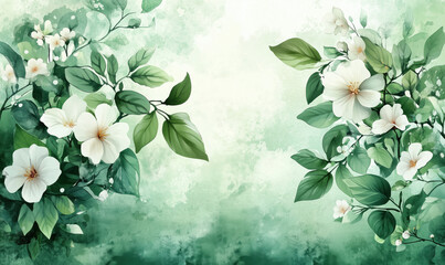 Poster - Elegant floral design with white flowers and green leaves on soft background.