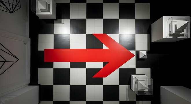 Intriguing Optical Illusion: A Red Arrow Guides Through a Checkered Reality with Geometric Forms
