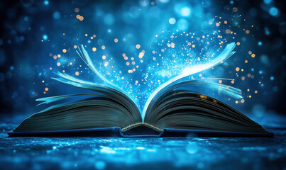 Poster - Magical open book with glowing pages and sparkling particles in blue background.