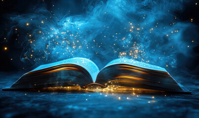 Poster - Magical open book emitting sparks and smoke in enchanting blue light.