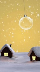 Poster - Animation of snow falling over christmas baubles and winter scenery with houses background
